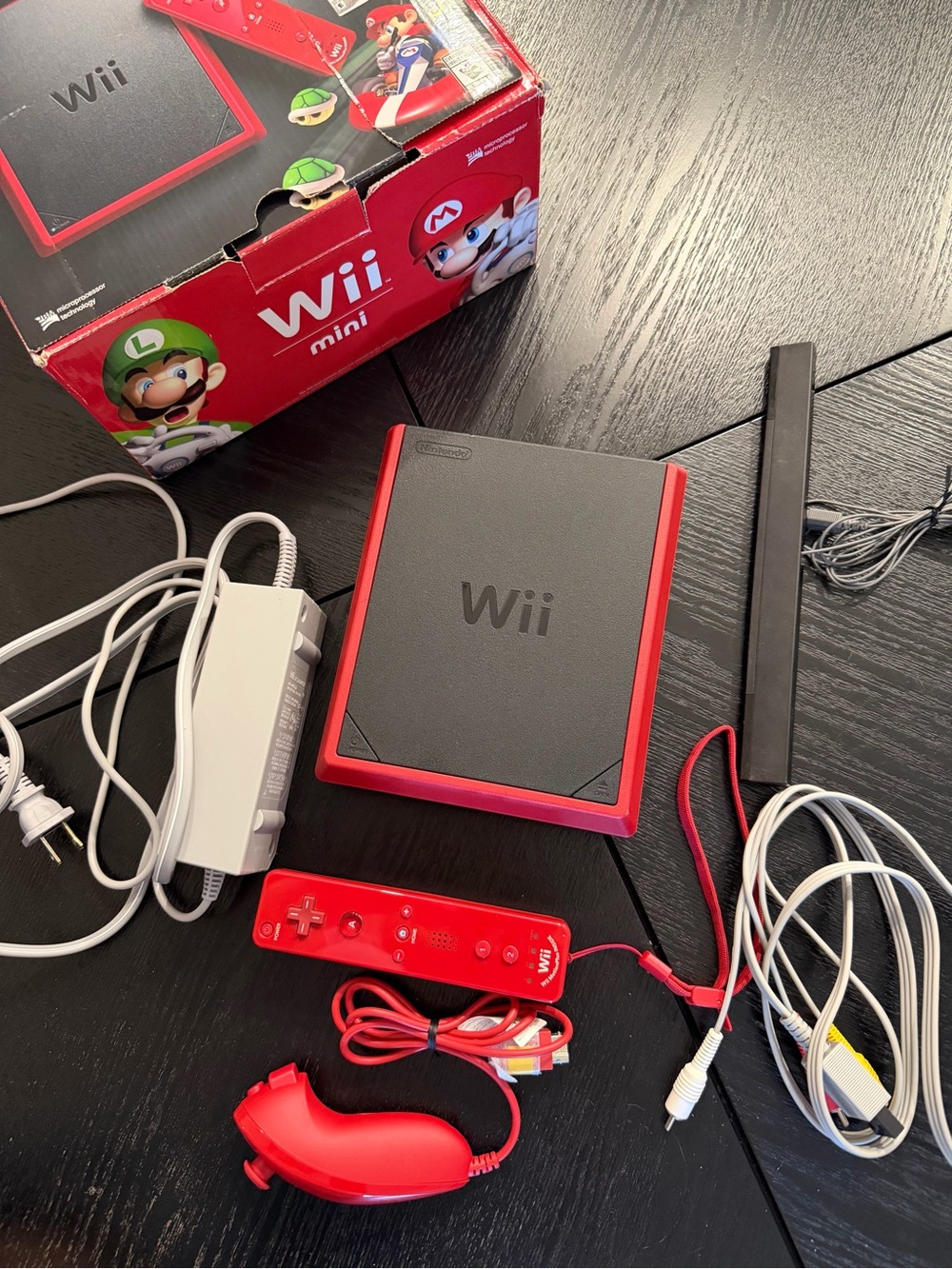 Nintendo Wii Mini Black Console with Red Accents and Red Controllers